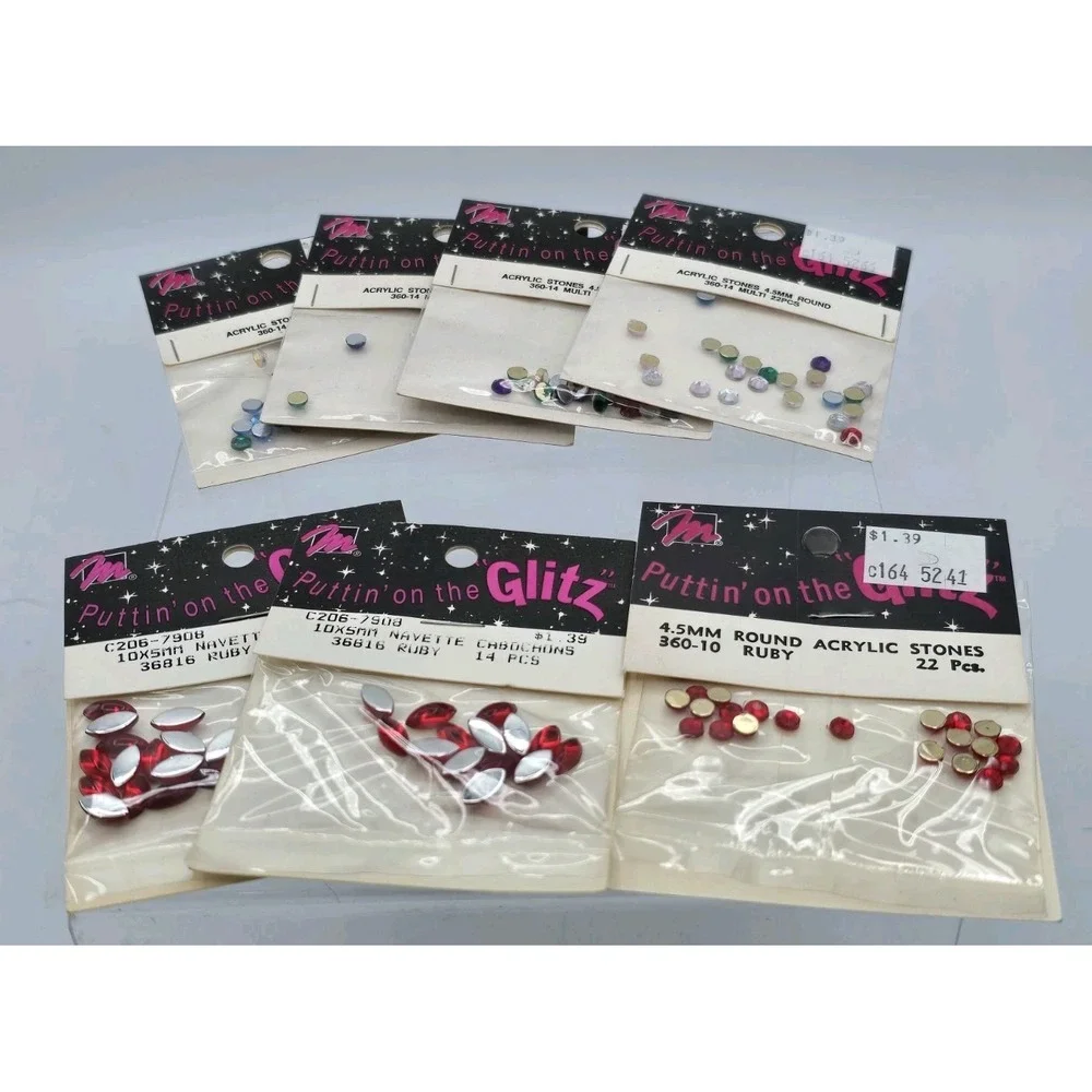 7 Lot - Vtg Puttin' On‎ The Glitz Rhinestones Acrylic Stones - 4.5mm - Rainbow